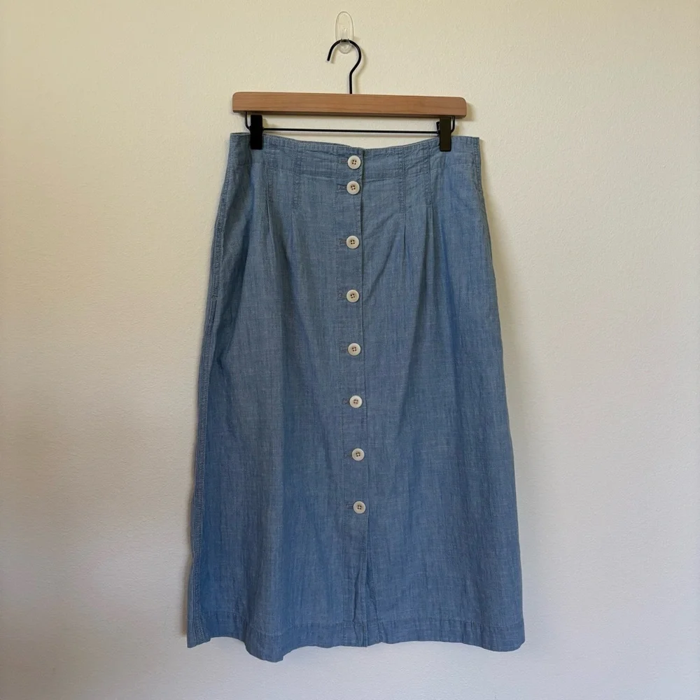 Madewell Midi Skirt Button Front Chic Patio Pockets Cotton Chambray Blue Size 10 - Picture 2 of 12